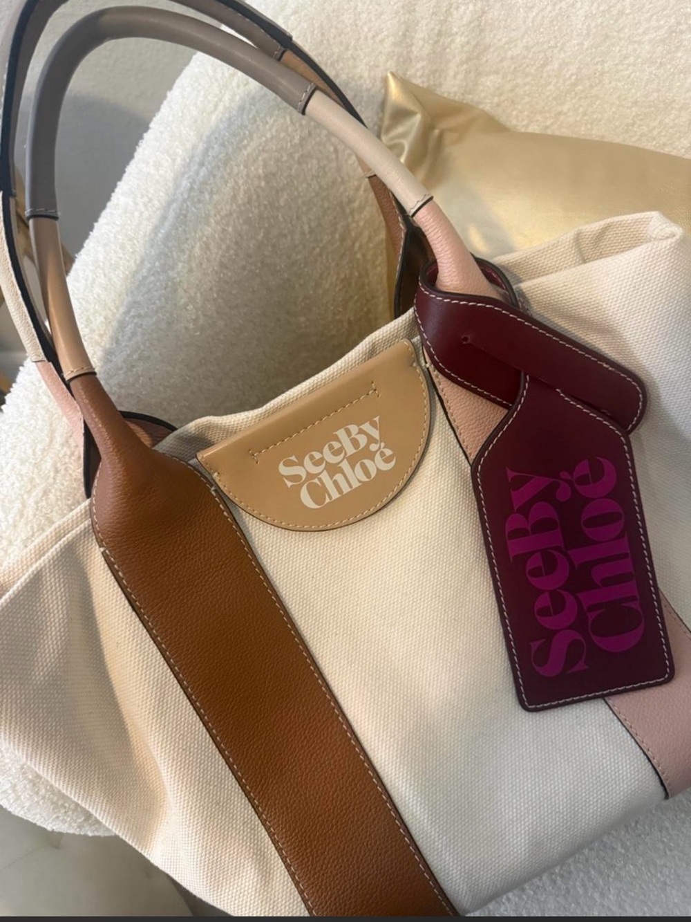 See By Chloe Cream Canvas Tote with Brown and Burgundy Leather Accents